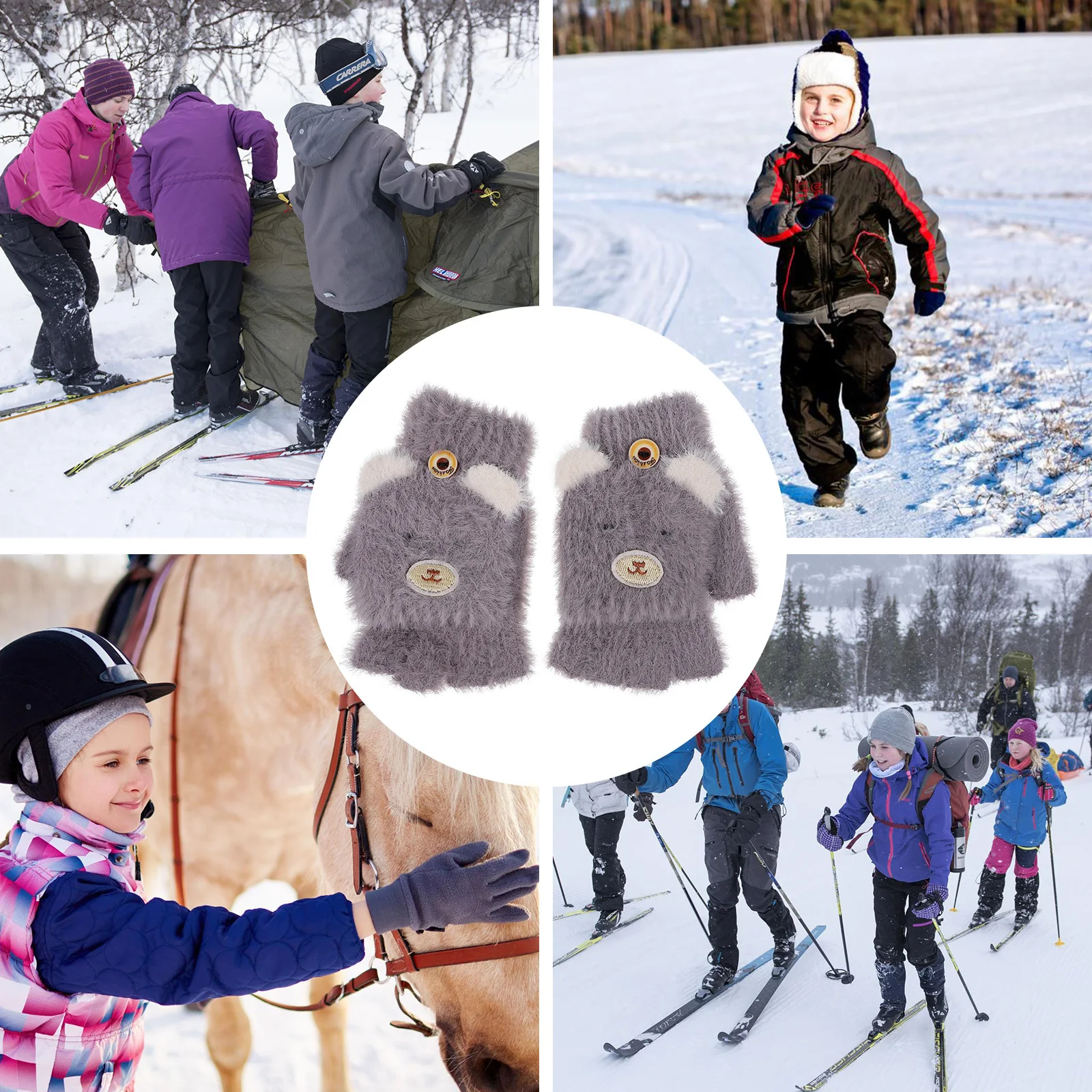 

1 пара детских зимних теплых перчаток с половиной пальца, толстые флисовые перчатки с мультяшным клапаном для учебы, письма, активного отдыха, анти