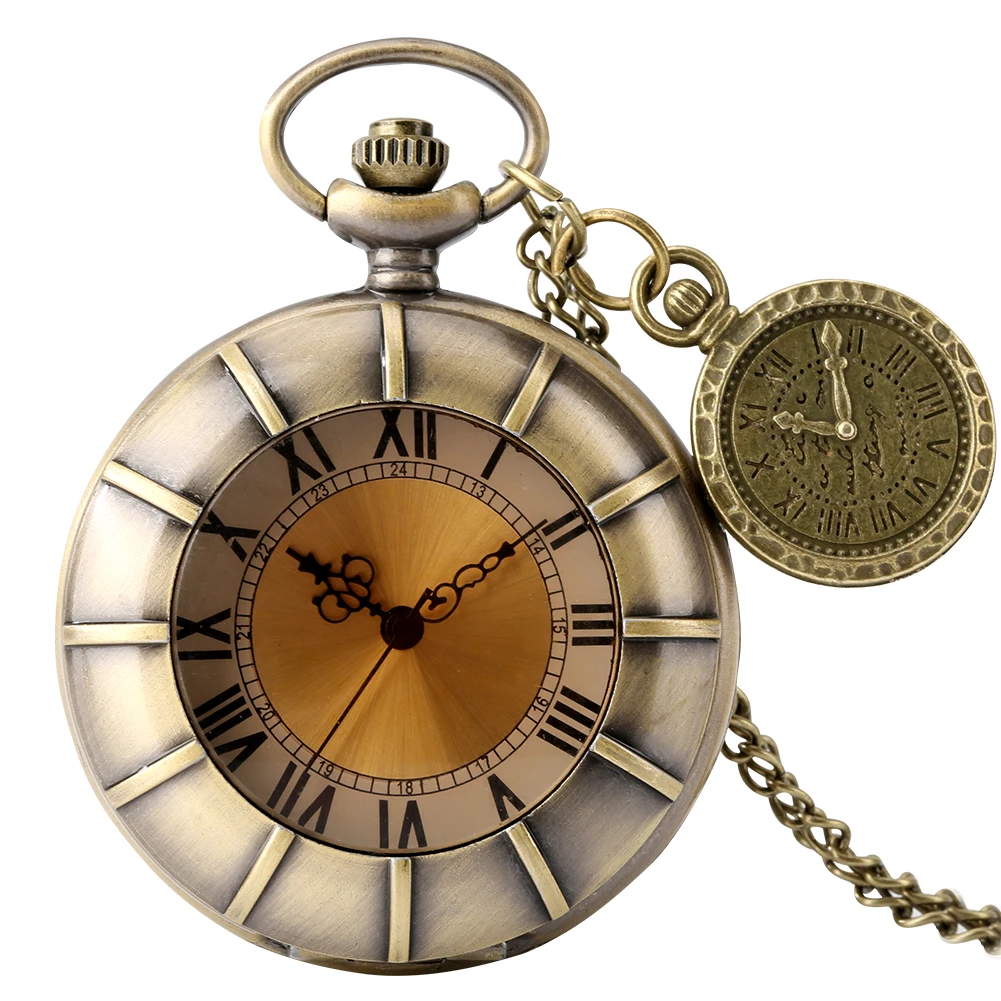 

Retro Bronze Necklace Pocket Watch Men Women Transparent Glass Alloy Metal Cover Roman Numerals Dial Quartz Pocket Clock Gift