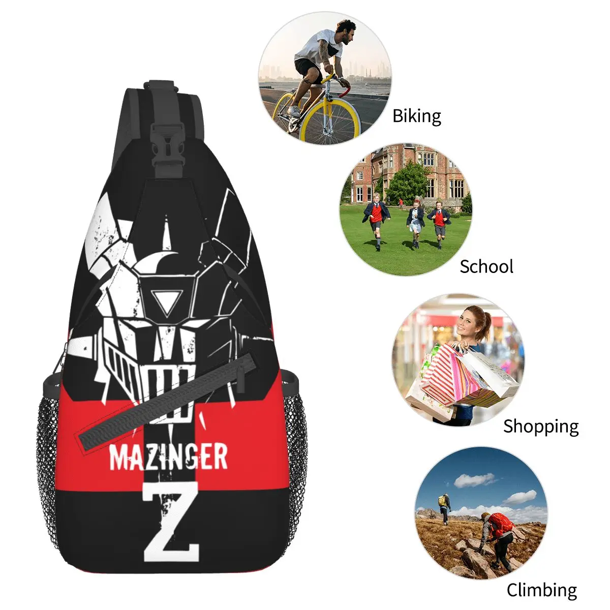 Mazinger Z Head Robot Crossbody Sling Bags Printed Chest Bag UFO Robot Grendizer Shoulder Backpack Daypack Hiking Travel Camping