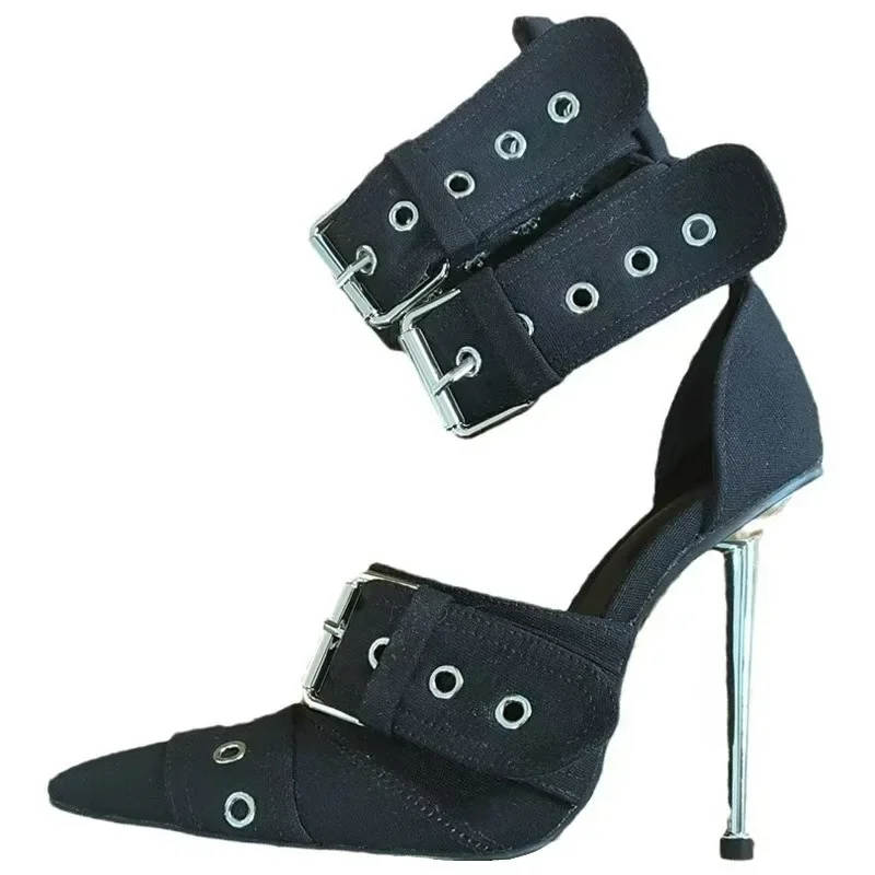 New Pointed Belt Buckle Rivet Metal Thin Heel Runway Roman Women's Boots Large Hollowed Out High Top Sandals for Women