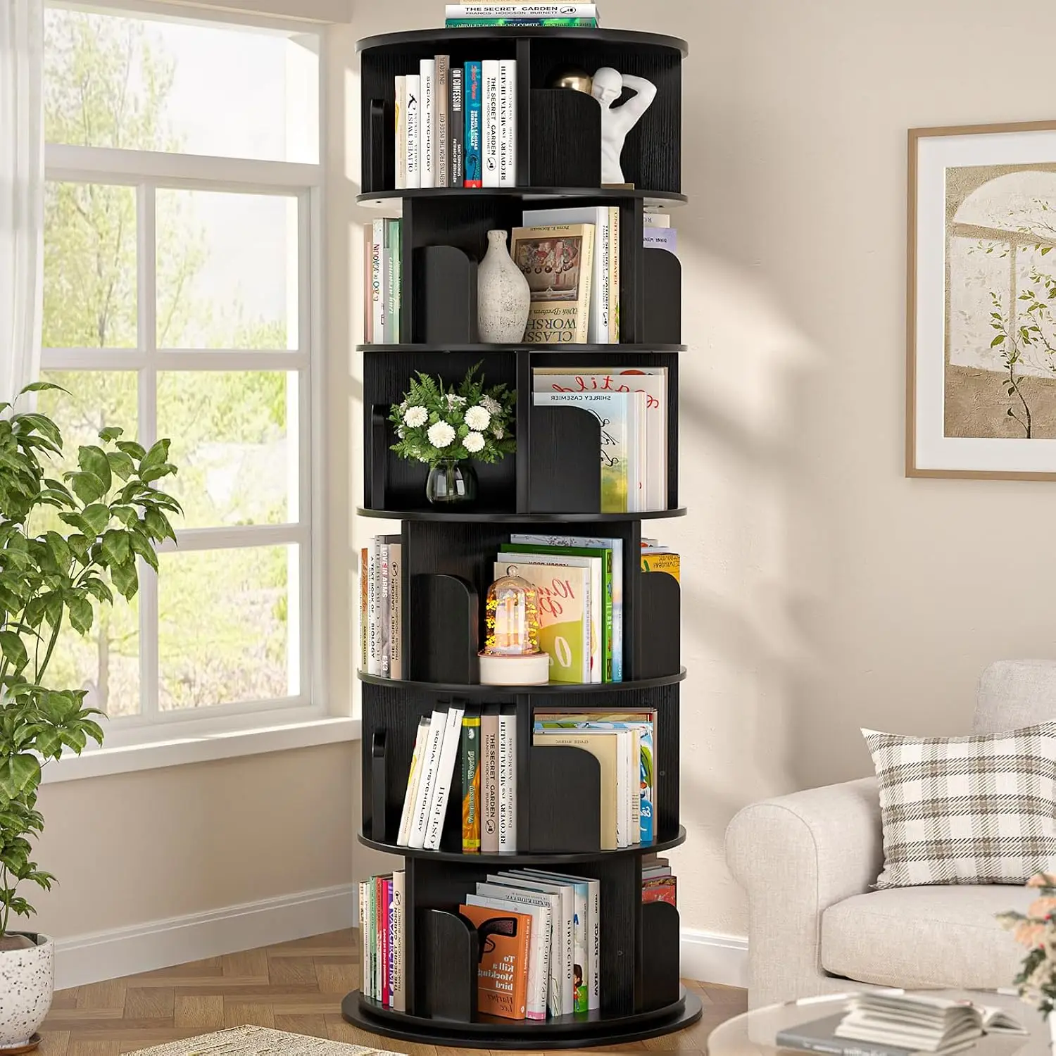 6 Tier Rotating Wood Bookshelf Tower, 360 Revolving Round Narrow Shelf Rolling Corner Organizer for Bedroom Office, Customized