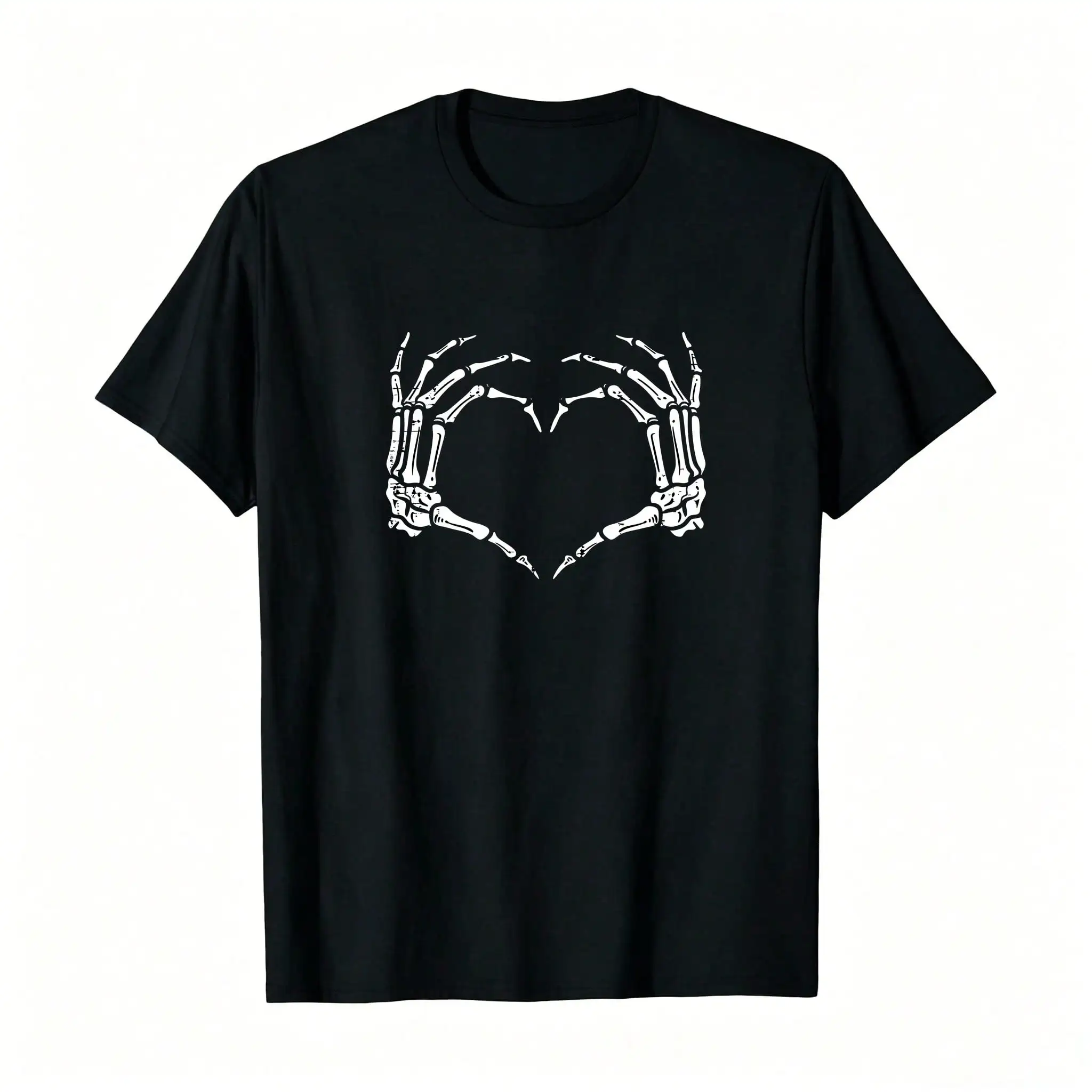 Camiseta retro con diseño de manos de esqueleto y corazón para disfraz de Halloween para mujer, top transpirable y cómodo de manga corta con cuello redondo, adecuado para todas las estaciones, uso diario para mujeres