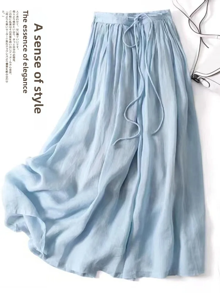 Gonna longuette a trapezio a vita alta, tessuto misto lino, colore, gonna con cintura, gonna lunga, collezione estiva