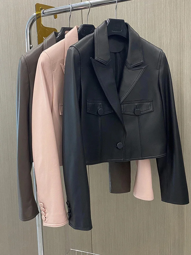 Verkürzte schlanke Echt lederjacke für Frauen Frühling Herbst 2024 Trend High-End weichen eleganten echten Schaffell Blazer Mantel