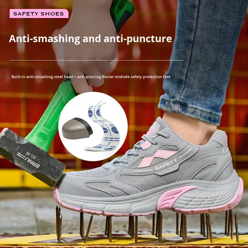 

Fashion Grey Pink Women‘s Anti-Smash Anti-Puncture Safety Shoes Lightweight Comfortable Small Sizes Daily Wear Work Sneakers
