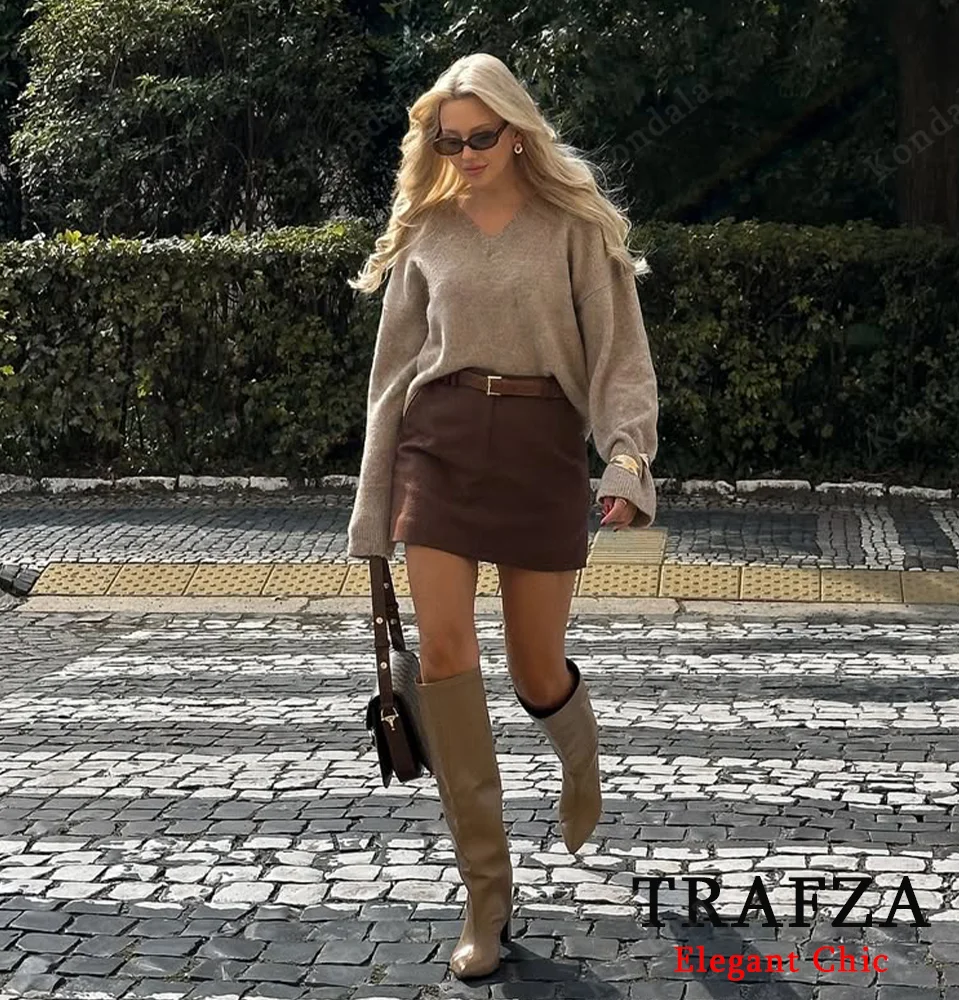 

KONDALA Autumn Women Casual Chic Knit Sweater V-Neck Pullover Loose Sweater Fashion 2025 Fall Winter Elegant Simple Lady Knit To