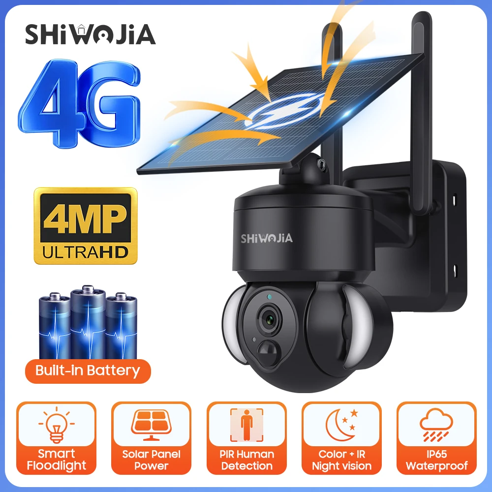 SHIWOJIA Kamera zewnętrzna 4G / Wifi Zasilana energią słoneczną Bateria 7500 mAh z panełami słonecznymi 5 W Kolorowy noktowizor 4 MP Bezprzewodowy system CCTV do ogrodu
