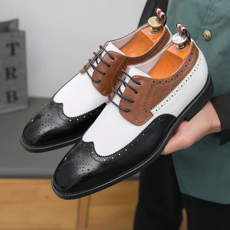 

Men Derby Shoes PU Splicing Low Heel Brogue Carving Business Formal Banquet Men Shoes Size 38-46