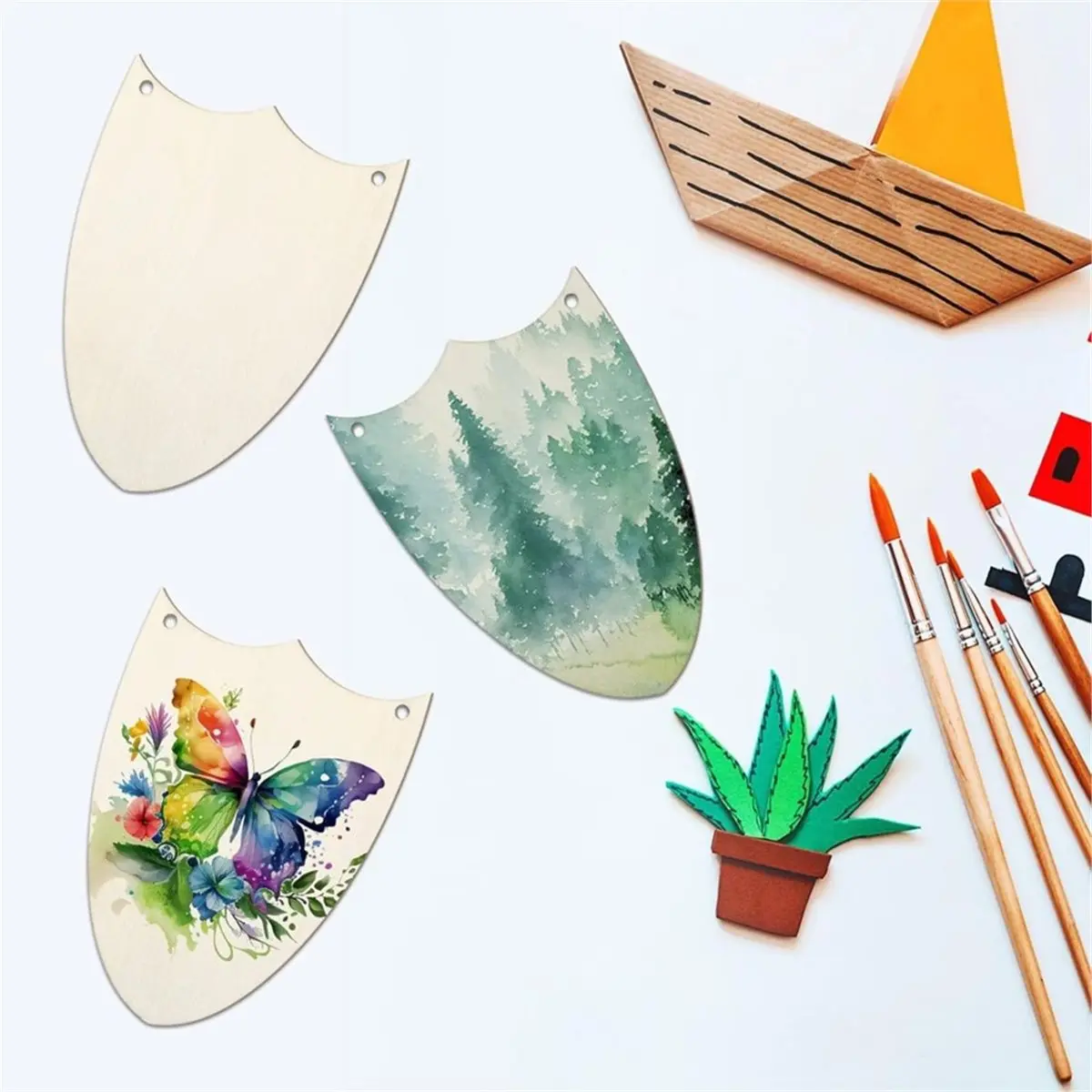 Home Tool 60 Pcs Wood Shield Bulk Decorate Cutout Crafts Set Unfinished Wooden Gift Tags with Ropes