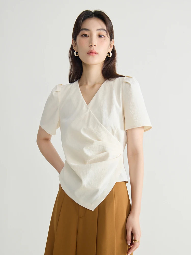 DUSHU Women Short Sleeve Chiffon Green Blouses V-Neck Temperament Summer Thin Office Lady Beige Short Shirt Tops 24DS82545
