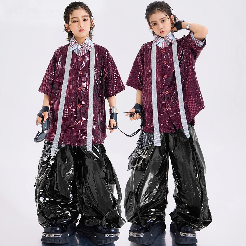 Street Dance Clothes For Boys Hip Hop Performance Costume Summer Children School Show Stage Wear Glitter Top Black Pants AMY3711