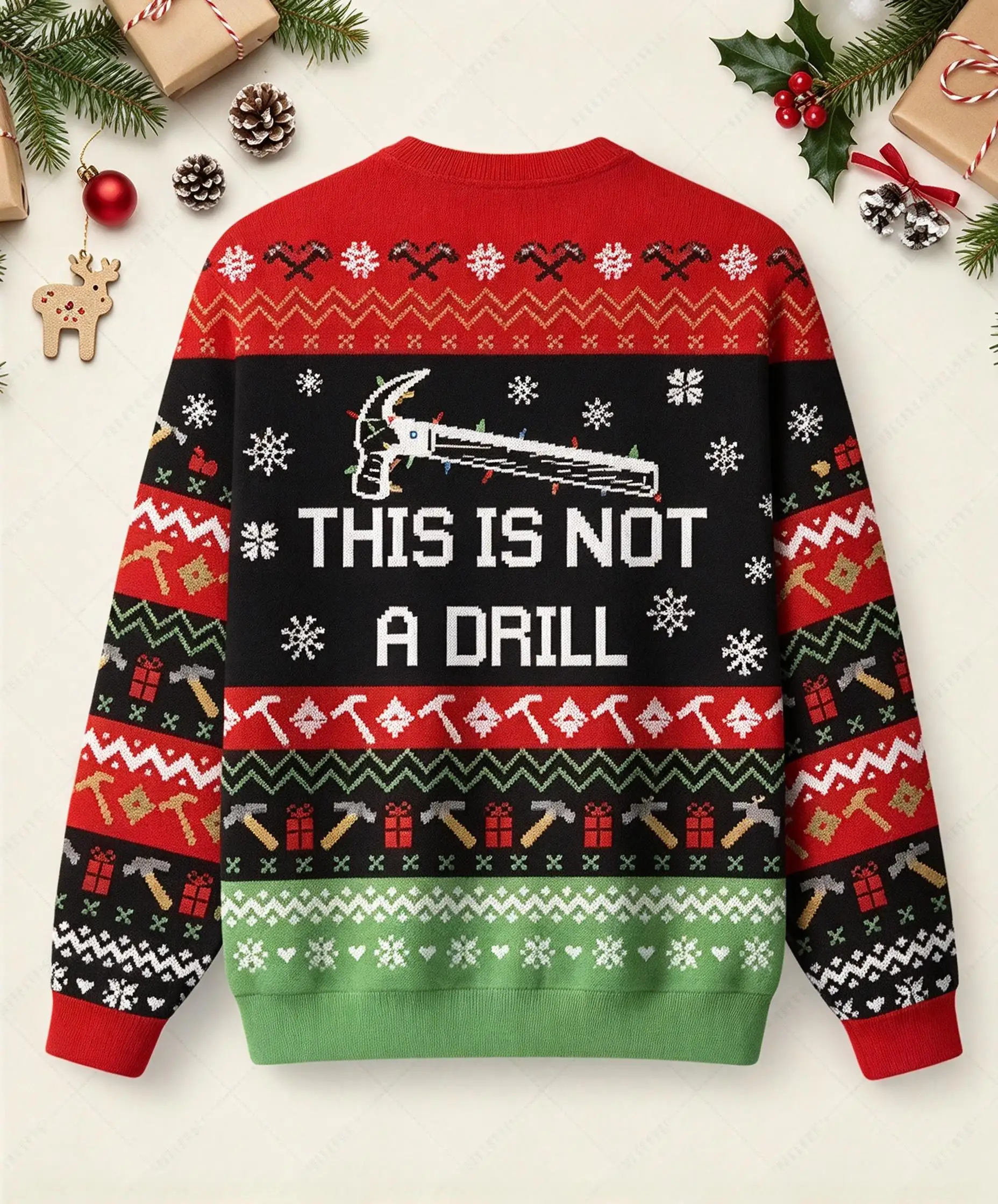 Men Crewneck Polyester Sweatshirt This Is Not A Drill Hammer Text Snowflake Xmas Pullover