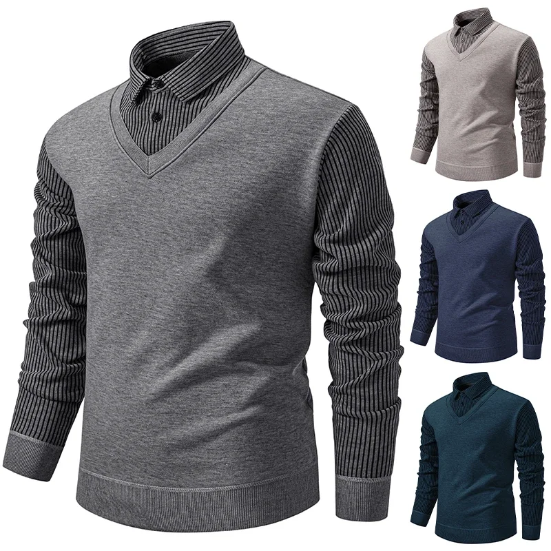 Male Office Casual Knit Sweater Fake Waistcoat Style Shirt Collar Thickened Fleece Lining Vertical Stripe Long Sleeve Fall Top