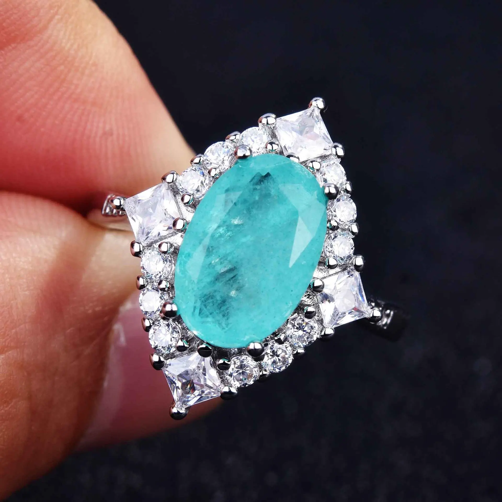 Luxury Geometric Shapes Paraiba Tourmaline Gemstone  Silver Color Women\'s Ring Temperament Ladies Trendy Vintage Jewelry