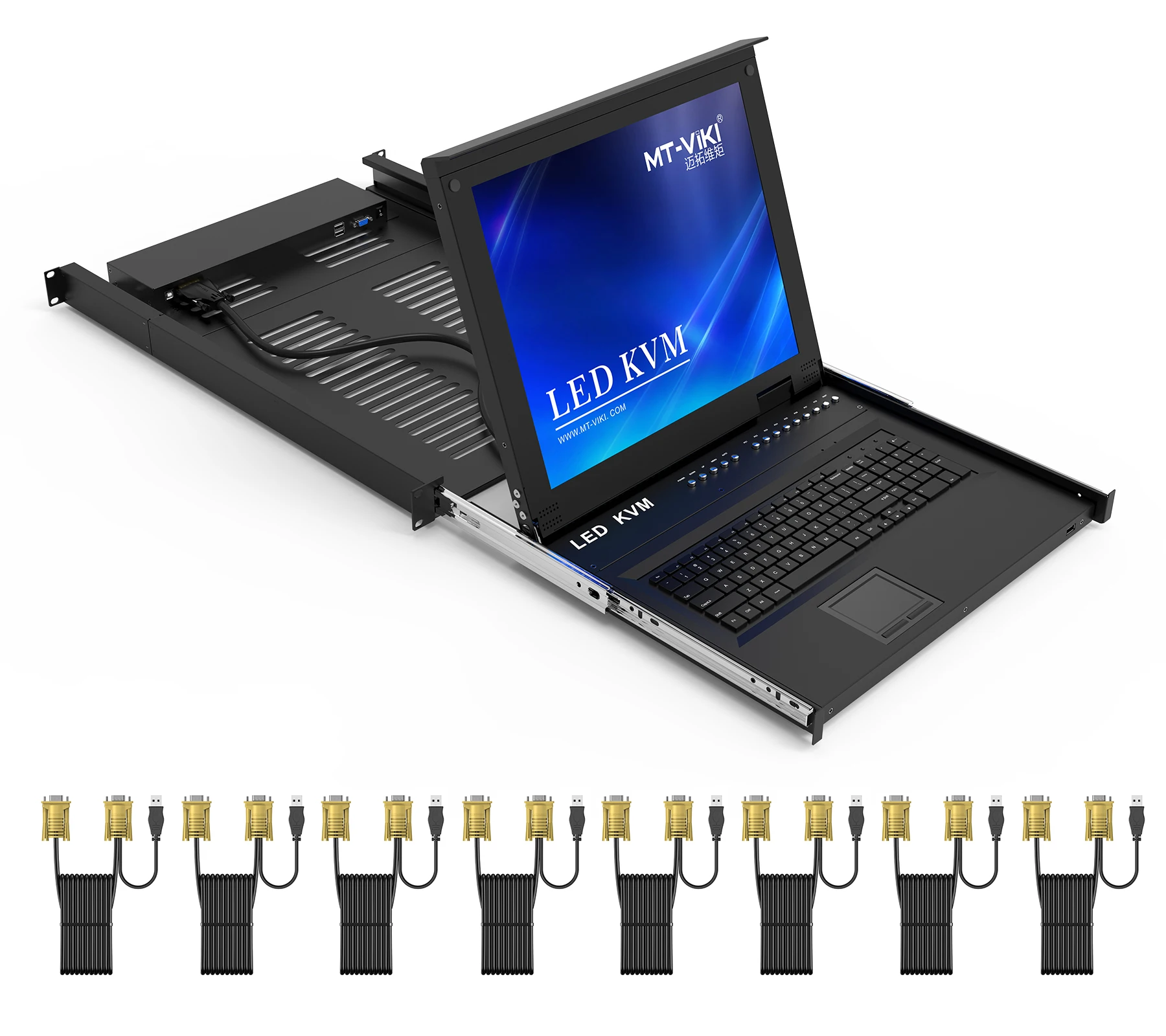 Sakelar KVM LCD 17 "8 Port VGA + 8 Pak Kabel KVM, MT-VIKI 17 Inci LED 1U Rak Konsol Laci Sakelar KVM