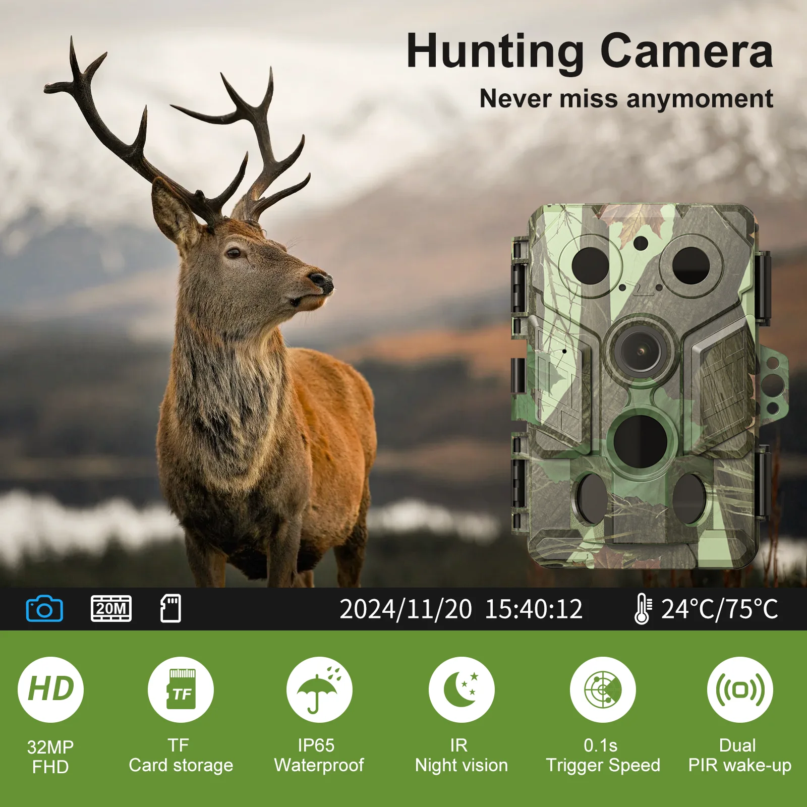 

HD hunting camera, 0.1s trigger speed, real-time monitoring through mobile app, IP66 waterproof, battery powered