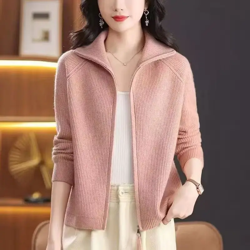 

New Lapel Sweater Women's Autumn Winter Knitted Cardigan Female Double Zipper High-grade Casual All-Match Warm Ladies Sweater