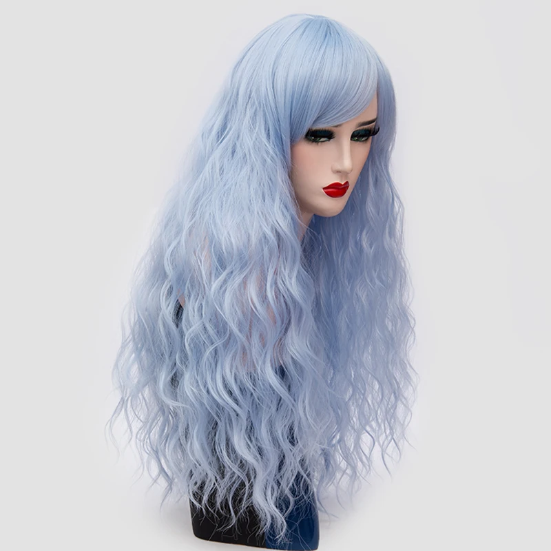 باروكة كوسبلاي زرقاء صناعية مقاومة للحرارة للنساء، تصميم طويل مموج مع ملحق جانبي مثالي للهالوين #4