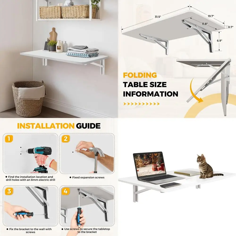 

Space-Saving 31.5x19.7 Wooden Wall-Mounted Folding Desk for Kitchen, Laundry, or Home Office