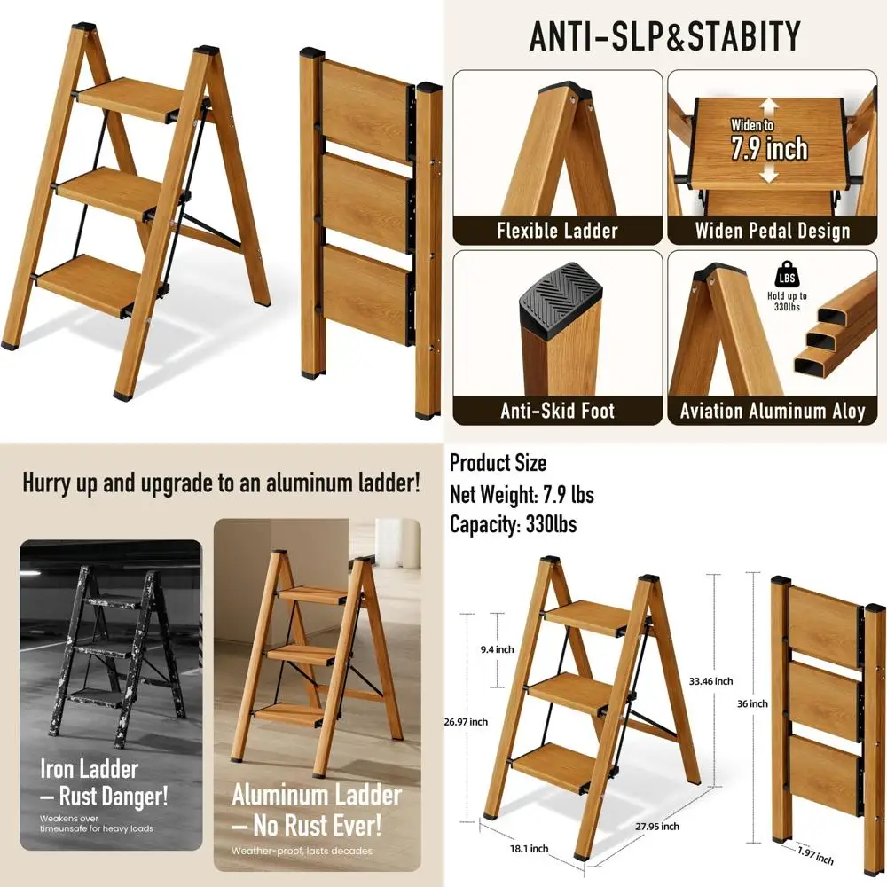 

Алюминиевый складной табурет с широкими противоскользящими педалями для взрослых, грузоподъемность 330 фунтов, идеально подходит для дома, офиса и кухни.