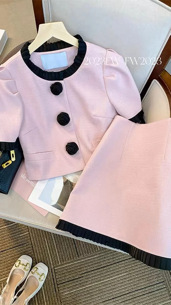 Women Elegant Vintage Fragrant Pink Suit Jacke Coat Top And Mini Skirt Two Piece Set Matching Outfit Summer Prom Party Clothing