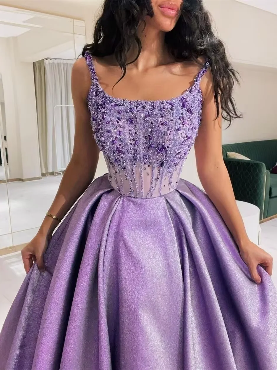 Oisslec Prom Dresses Women 2024 Spaghetti A-line Beading Beaded Satin Formal Occasion Gown vestido feminino soltinho sukienka