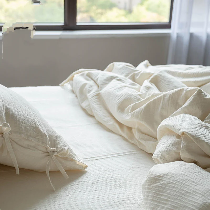 3/4Pcs Natural A-Class Japanese Washed Cotton Bedding Set, White Hotel Duvet Cover Bed Sheet Pillowcase