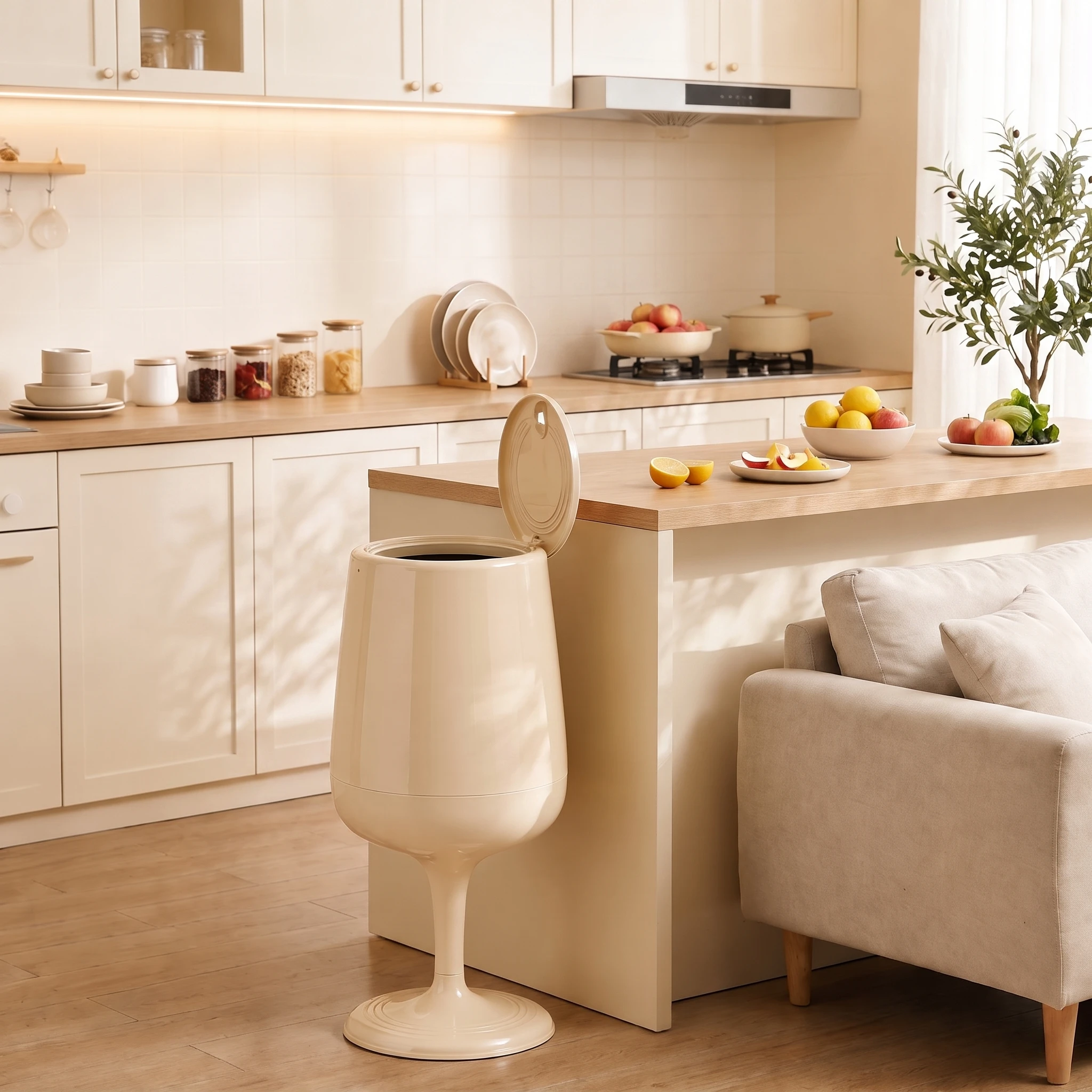 2026 Wine Glass-Style Trash Can, Creative Floor-Standing Trash Can, Stylish No-Bend Kitchen Trash Can, Large-Capacity Retro Wine Glass-Style Storage Bin, Dual-Bin Design, Push-Button Pop-Up Lid, Glossy Plastic Trash Can, Unique Home Decor