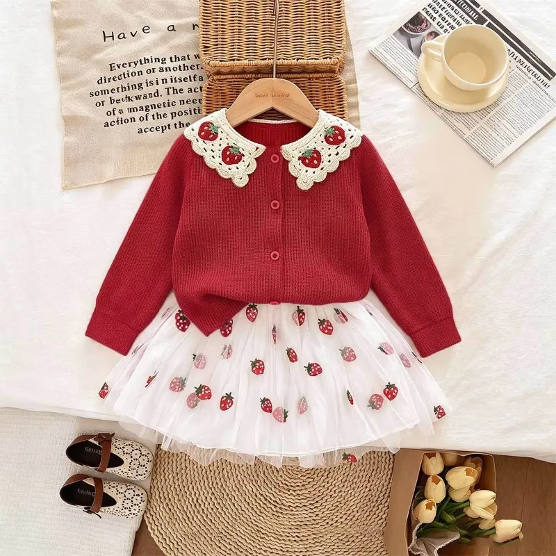 Girls Clothing Set Spring Autumn New Children's Knitted Embroidery Cardigan+Skirt Two Pcs Sets Baby Clothes