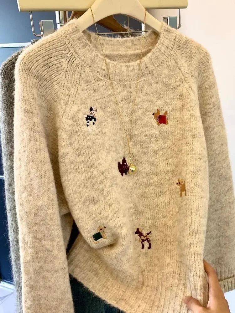 Puppy Embroidery Knitted Sweater Women Sweet Long Sleeve O Neck Preppy Pullovers Vintage Kawaii Loose Casual Student Jumpers New