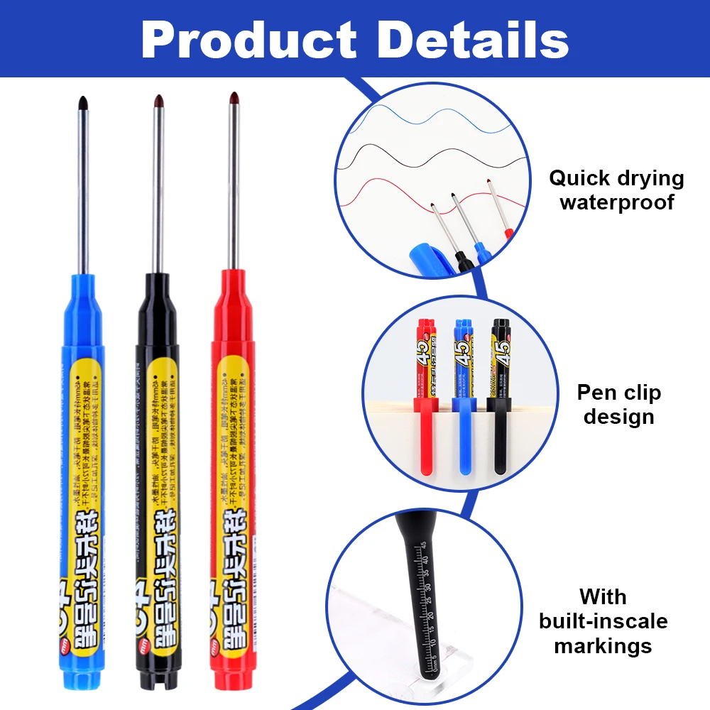 12 Stück 45 mm Spitze, langer Kopf, Markierungsstifte, schwarz/blau/rot, Holzbearbeitung, Bohren, Fliesenmarkierungsstift, kann gefüllt werden, zum Markieren tiefen Löchern – Detail 4