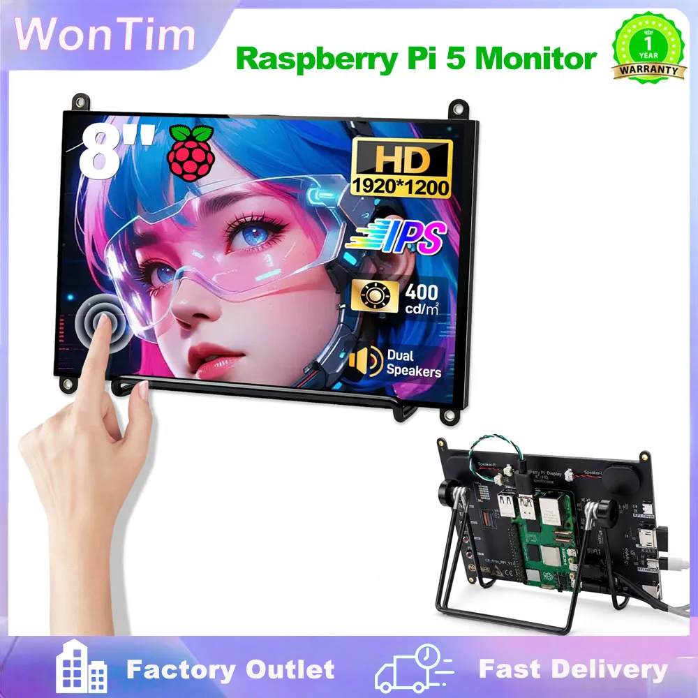 WonTim 8' Touchscreen Monitor for Raspberry Pi5, IPS LCD 1920X1200 Dual-Speaker HDMI Small Monitor for Raspberry Pi, Driver-Free