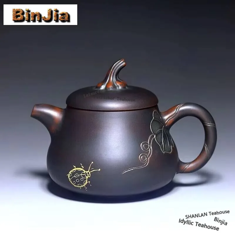 200ml Qinzhou Nixing Pottery Teapot Famous Artists Hand Carved Pumpkin Pot Tea Infuser Kettle Chinese Handmade Raw Ore Tea Set