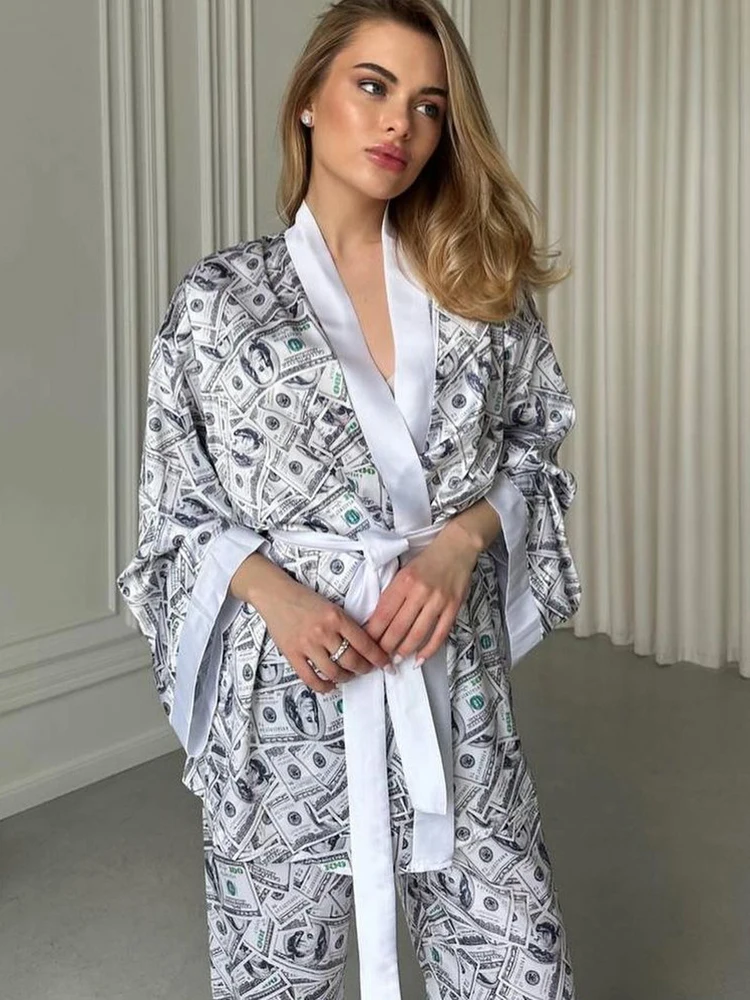 Hiloc Loose Women\'s Home Clothes 2 Piece Sets Print Long Sleeve Sleepwear Female Casual Trouser Suits 2024 Summer Homewear