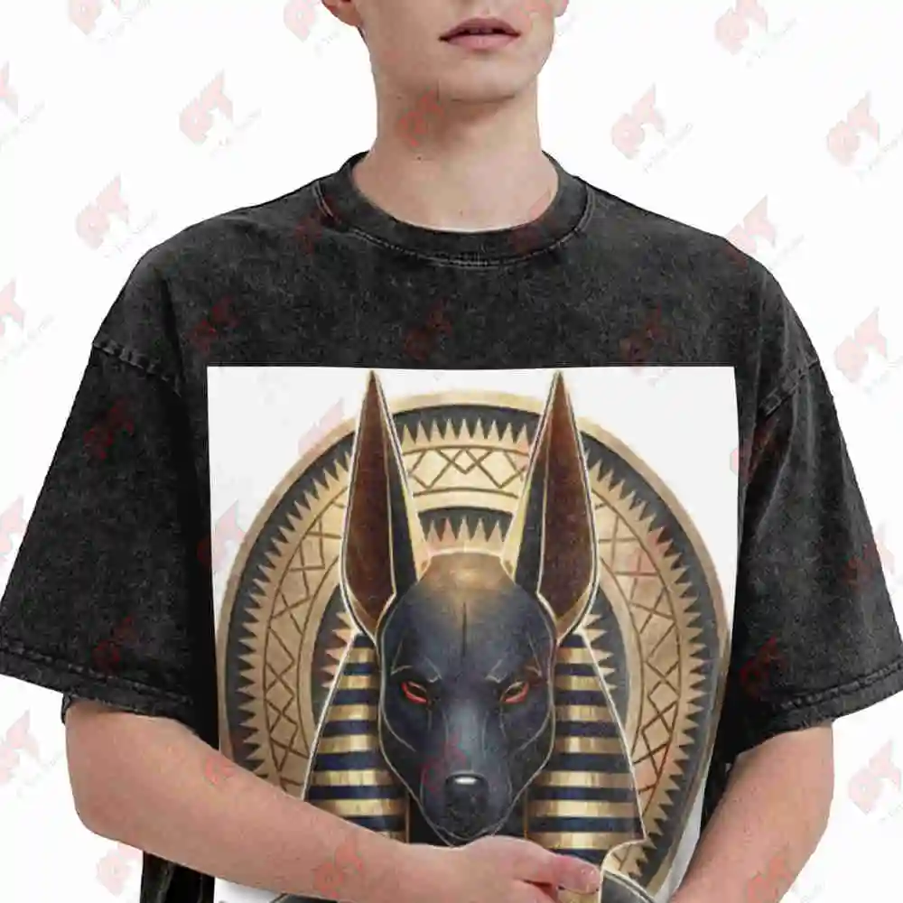 Egyptian Anubis Hieroglyphics Golden Vintage Washed Tee Pure Cotton T-Shirt