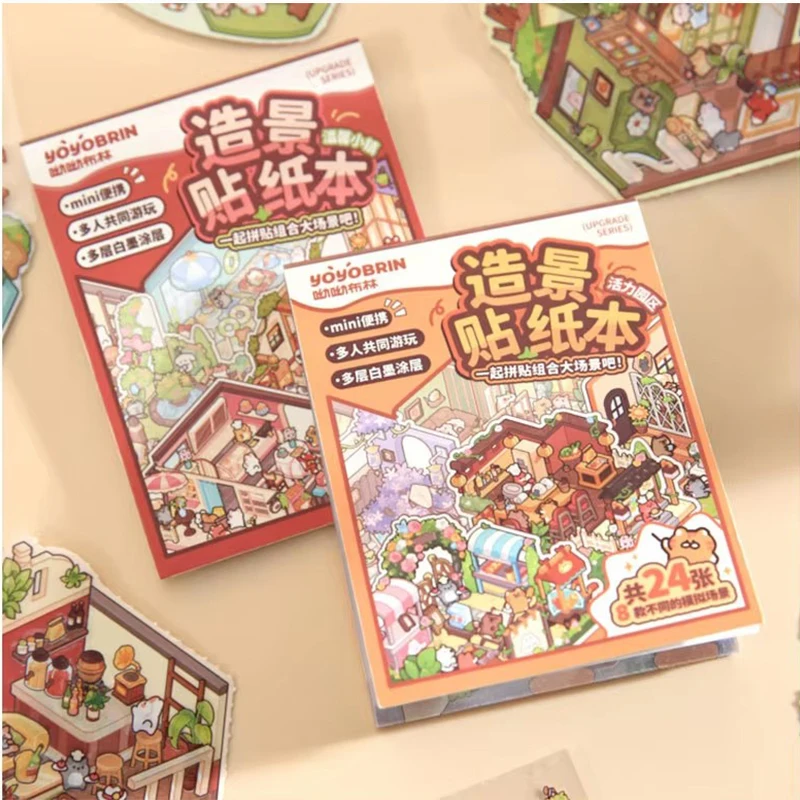 8 en 1 tamaño Mini 3D dibujos animados ciudad paisaje pegatina colección escena DIY juguete juego pegatina Festival regalo de cumpleaños para chico niña