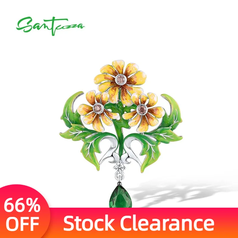 SANTUZZA Real 925 Sterling Silver Pendant For Women Green Stone Enamel Yellow Flora Elegant Wedding Engagement Gift Fine Jewelry