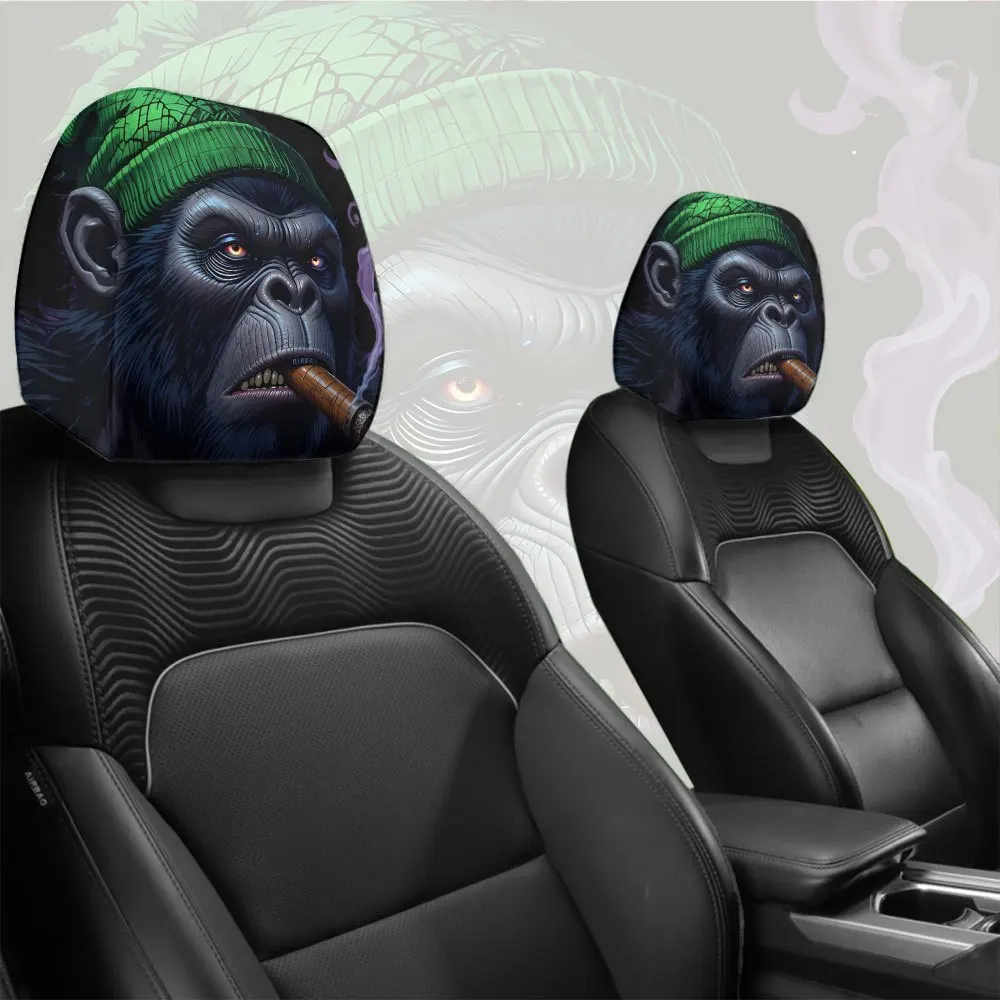 Cool Gorilla Cigar Breathable Car Headrest Cover Two-piece set, tough guy with car decoration, a holiday gift for family