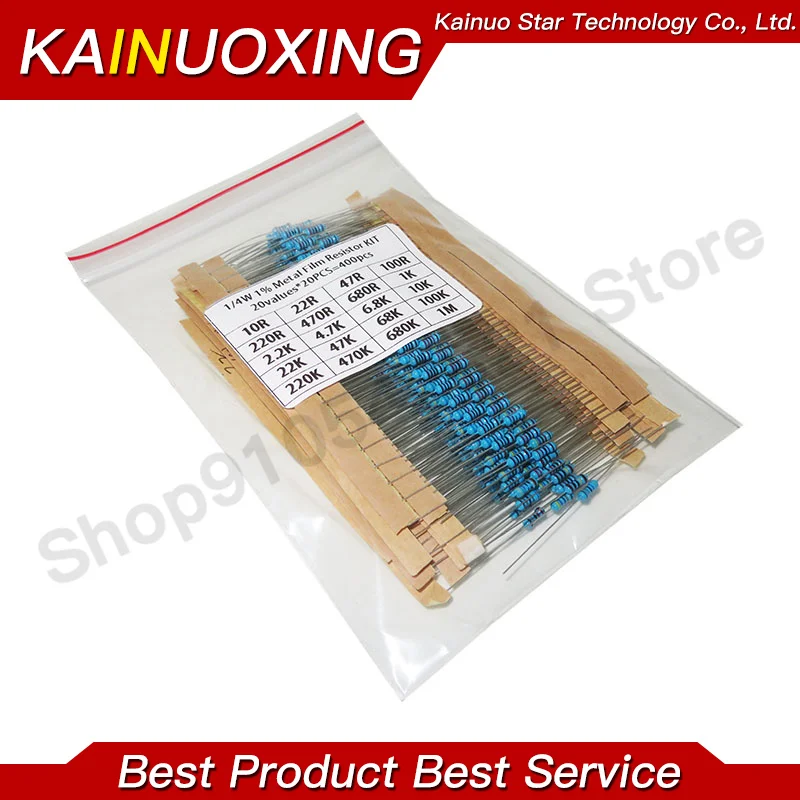 400pcs/lot 1/4W Metal Film Resistor Assortment Kit 10ohm - 1M ohm 1% Resistance set 1K/10K/4.7K/470/680 ohm electronic resistors