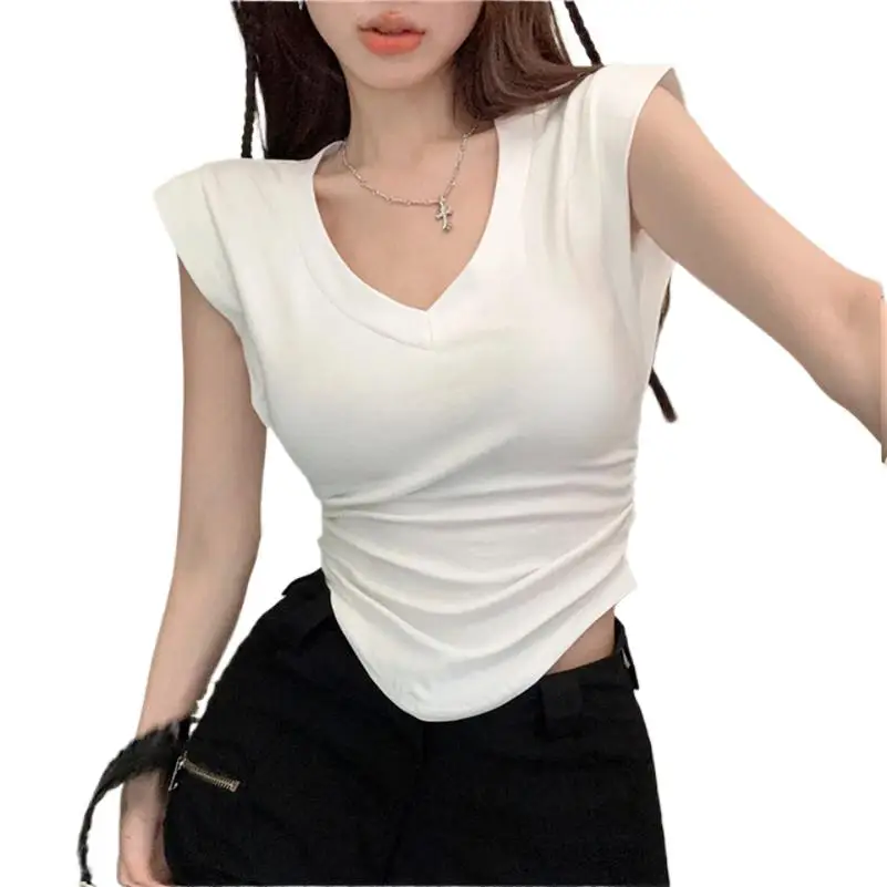 Summer Knitted Cotton V-Neck Crop Tops Hotsweet Design Sense 2 Side Elastic Tie Up Trendy High Street Flying Sleeve Shirts