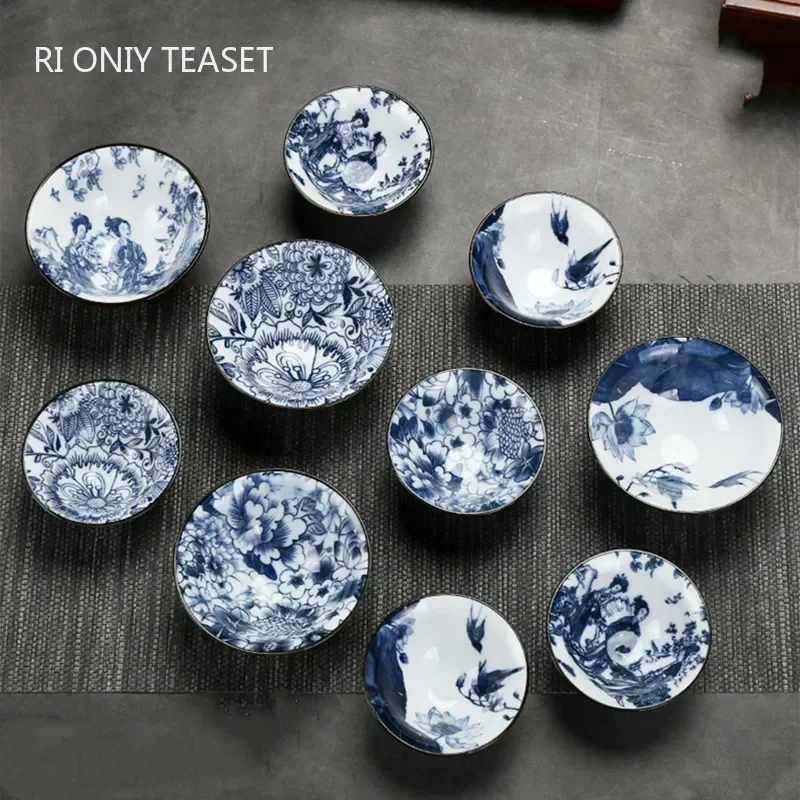 1 PCS Handmade Blue and White Porcelain Teacup Travel Ceramic Tea Bowl Anti Scaling Hand-Painted Cone Cup Meditation Cup Tea Set