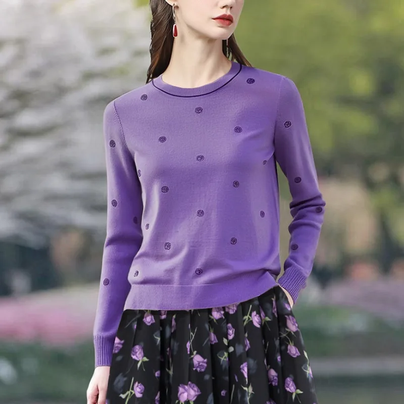 

Модный женский свитер с вышивкой, фиолетовый, с длинным рукавом, эластичный, вязаный, осень 2025, повседневный, устойчивый к холоду