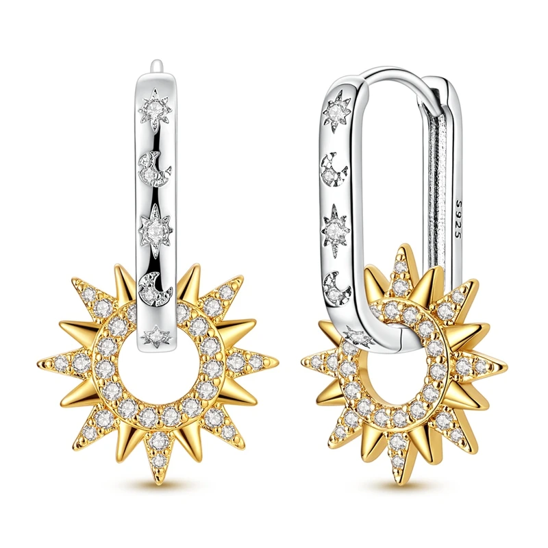 

925 Sterling Silver Golden Earrings Women Star and Moon Square U-Shaped Hoop Earring For Anniversary Wedding Jewelry Gifts