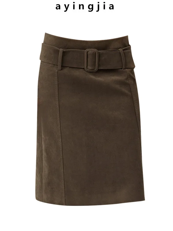 

Ретро-юбка из замши в американском стиле для женщин, с завышенной талией, с поясом, облегающая, повседневная, миди, для офиса