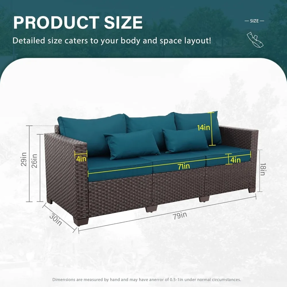 3 Seater Sofa Outdoor Furniture Deep Seat High Backrest Patio Couch with Non-Slip Cushions and Waterproof Cover, Peacock Blue