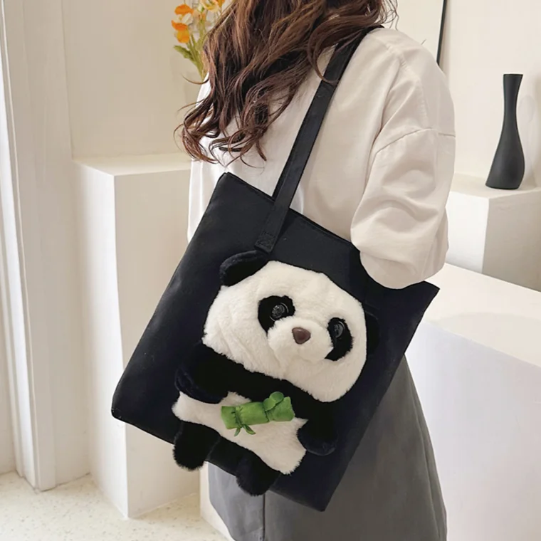 2023 Ladies New Panda Holding Bamboo Tote Handbag Creative Travel Cute Shoulder Bag for Women Cartoon Large Canvas Underarm Bags