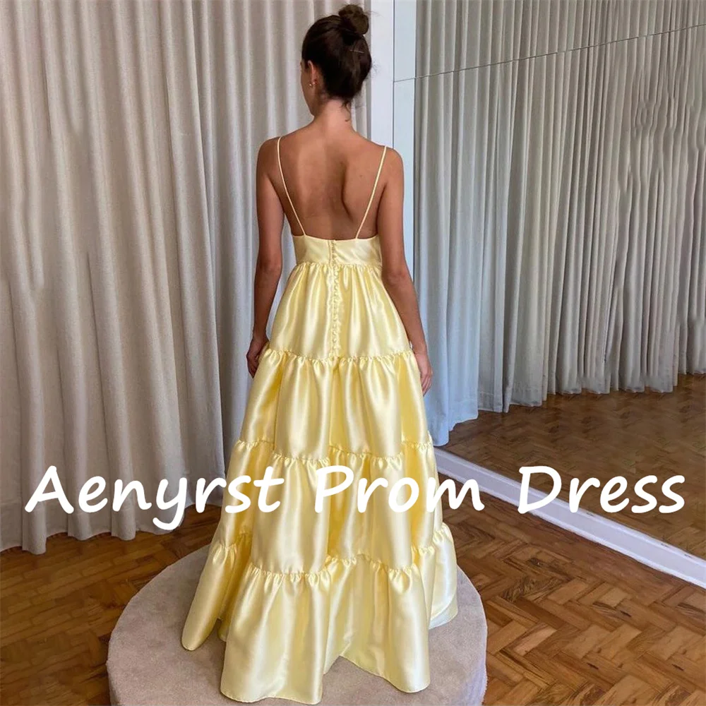 Aenyrst-Spaghetti Strap Prom Dresses, A Line Satin, drapeado Backless, vestidos de férias, até o chão, Birthday Party Dress, amarelo simples