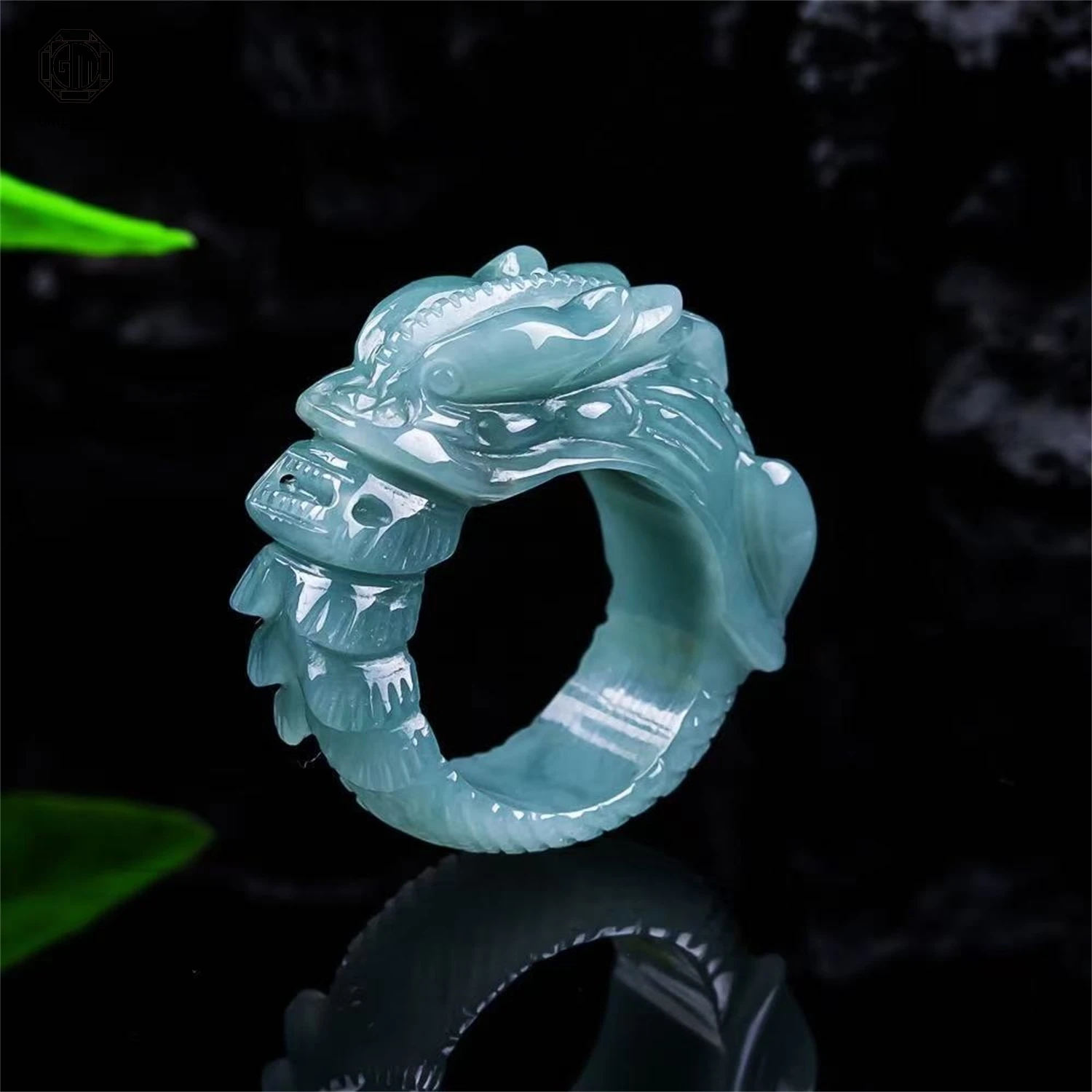 Natural Grade A Jadeite Blue Water Dragon King Three Dimensional Carved Ice Ring Men Thumb Band Exquisite Retro Jewelry Gift view 3