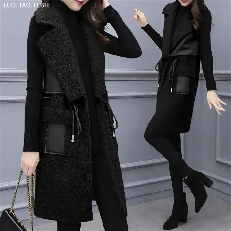 5XL Large Size Vests 2023 Autumn Winter New PU Leather Patchwork Lambwool Sleeveless Jacket Women Korean Slim Female Waistcoat