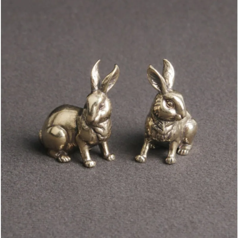 Brass Rabbit A Pair of Desktop Ornaments Zodiac Rabbit Vintage Tea Favor Handle Pieces Old Copper Crafts